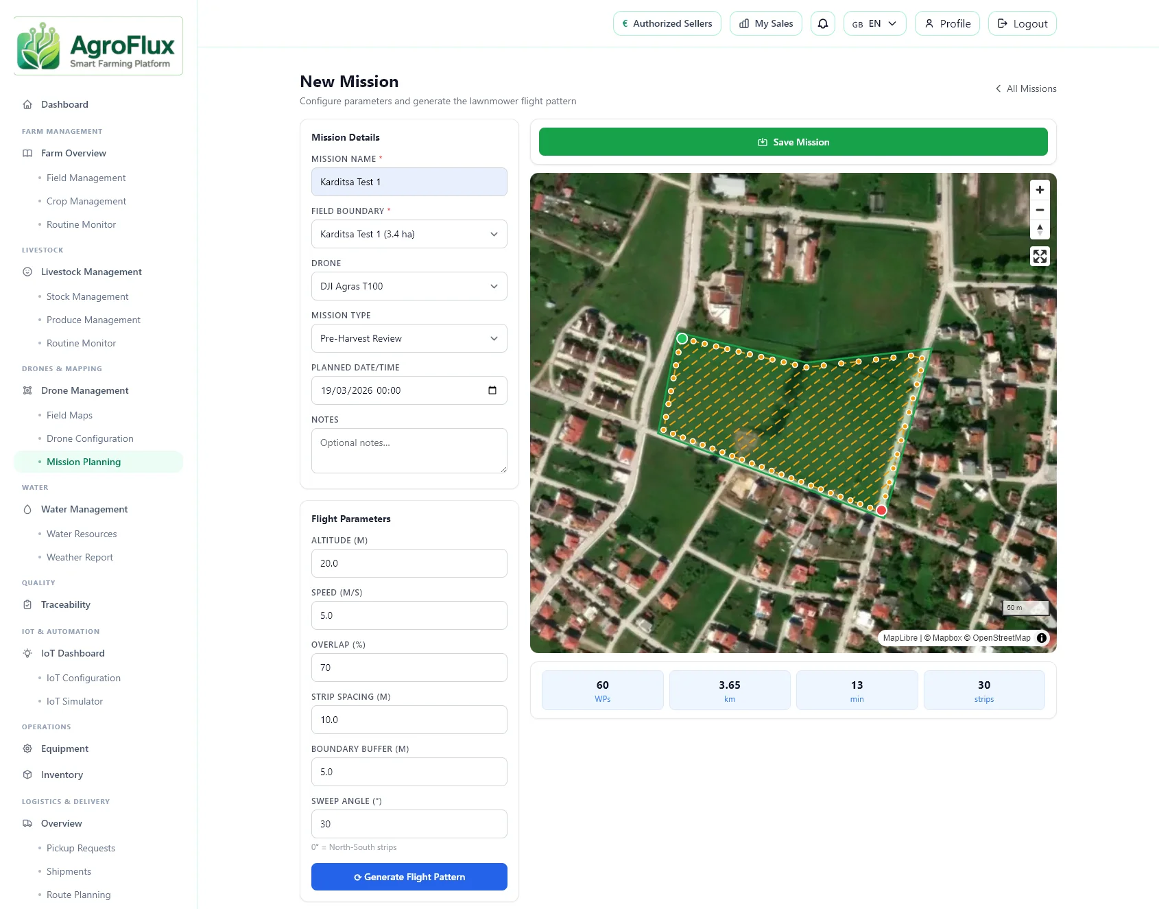 AgroFlux drone mission planning interface over mapped agricultural field